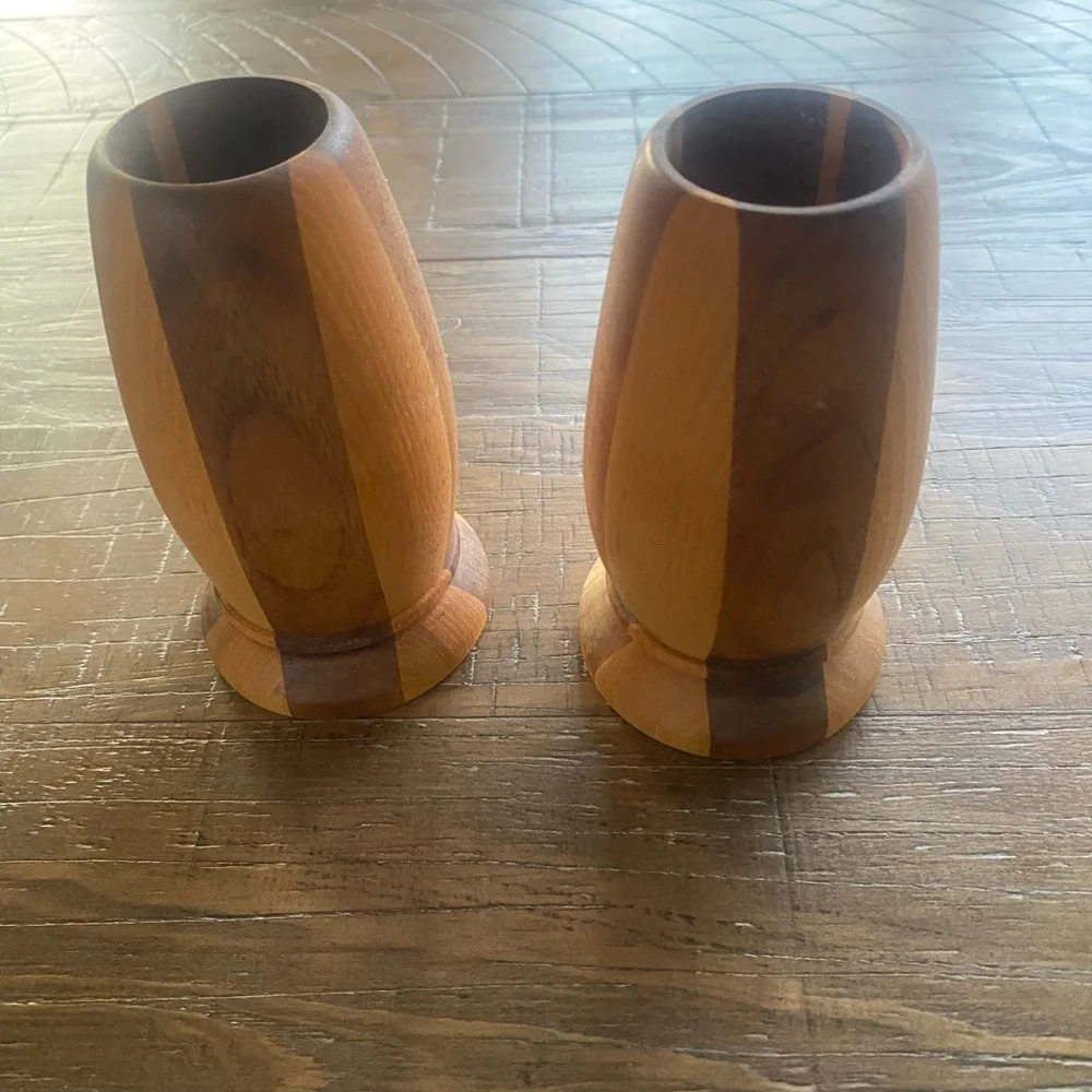 Vintage MCM Turned Brown Wooden Candle Holders Rustic 5” height 1 1/2” top